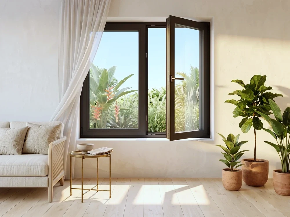 A black aluminium casement window with one sash swung open onto a garden