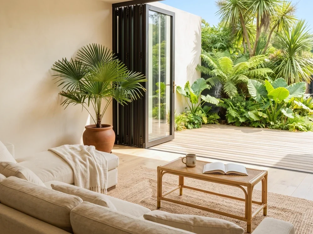 A black aluminium folding door concertinaed and stacked to one side