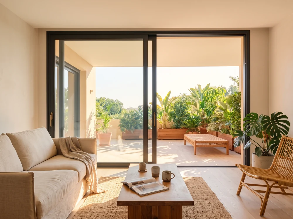 A floor-to-ceiling black aluminium sliding door open onto a terrace