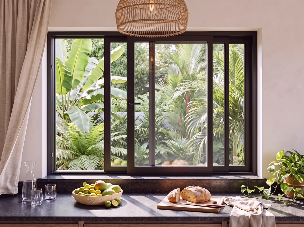 A black aluminium sliding window with one panel slid open