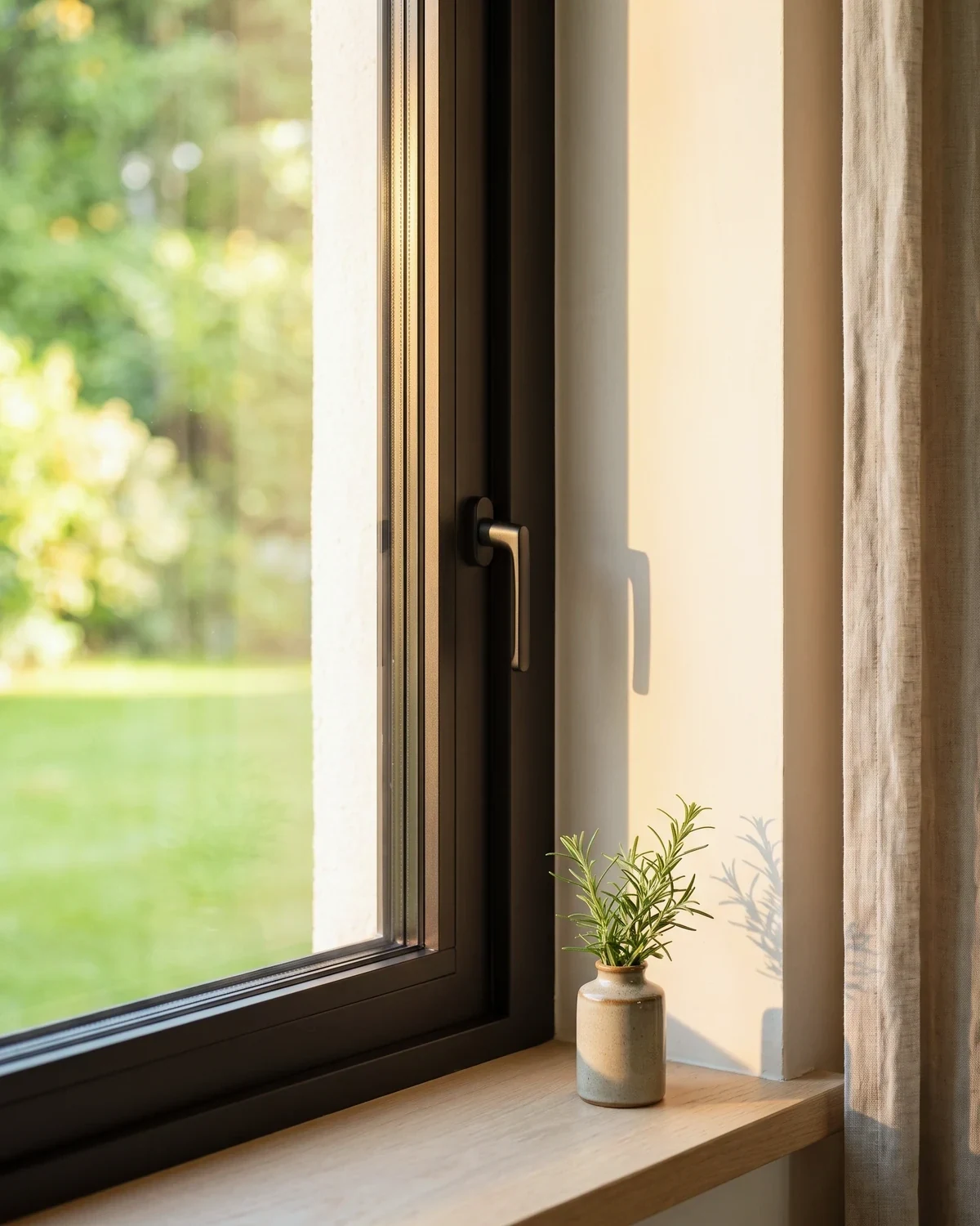 Close detail of a mitred aluminium frame corner and slim handle in raking light