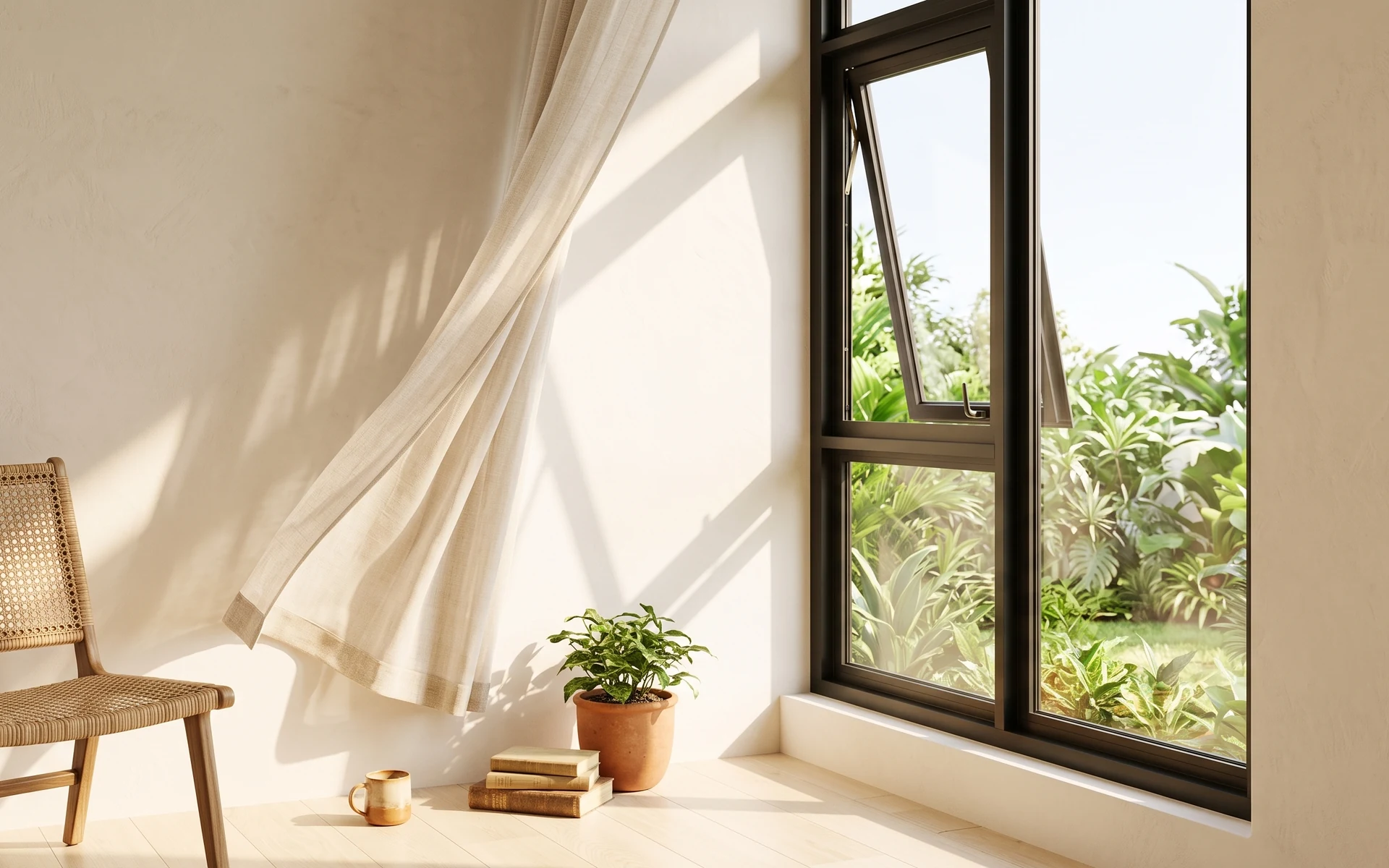 Morning light through an open casement window onto a warm plaster wall