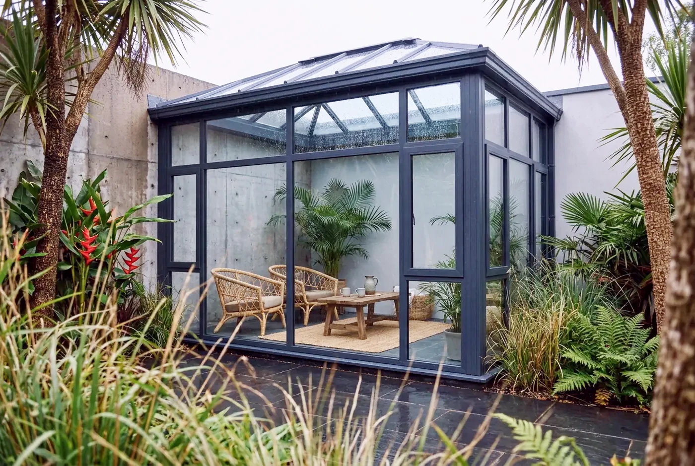 A glazed sunroom with dark aluminium framing and glazed roof, built against a brick house