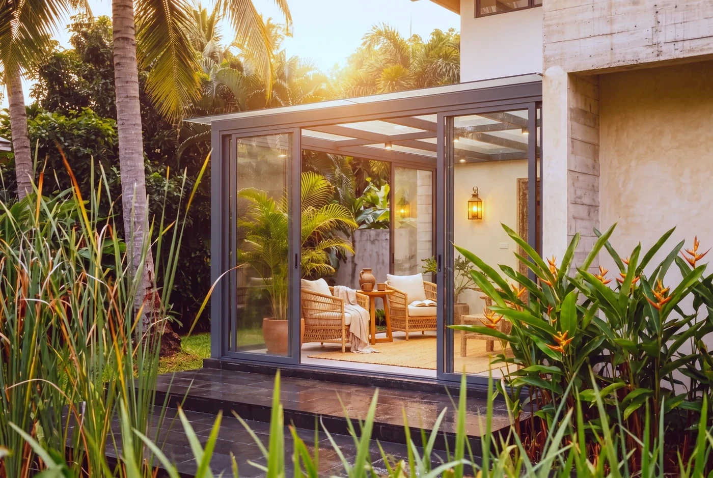 A glazed sunroom filled with low golden light, warm light through every pane