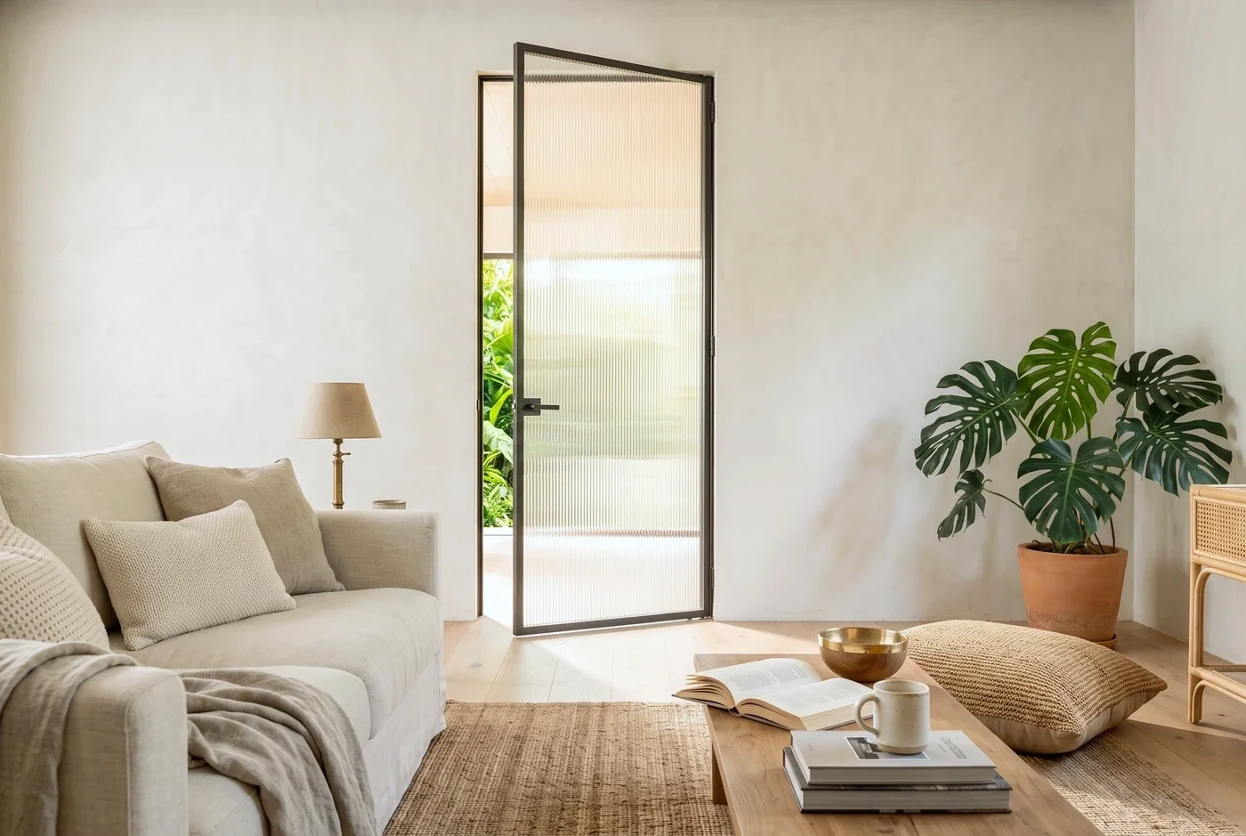 A slim black-framed swing door with reeded glass, open into a living space
