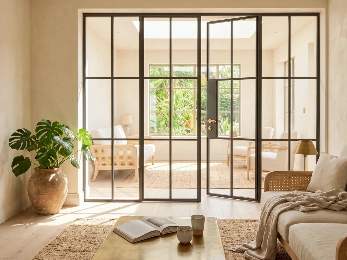 A steel-look glazed partition with arched glazing bars dividing two rooms