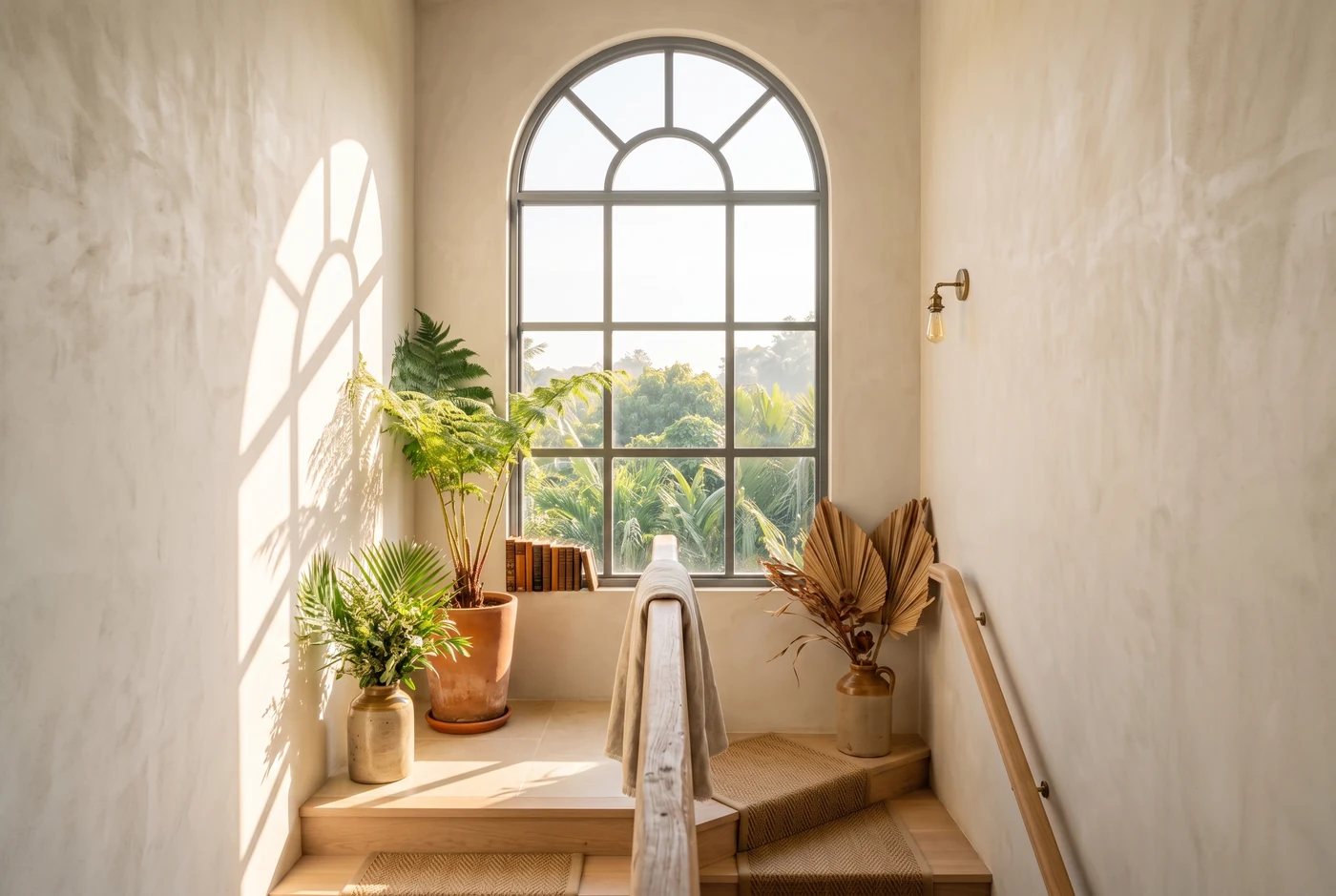 An arched window with fine glazing bars in a stair hall, the arc thrown as shadow on plaster