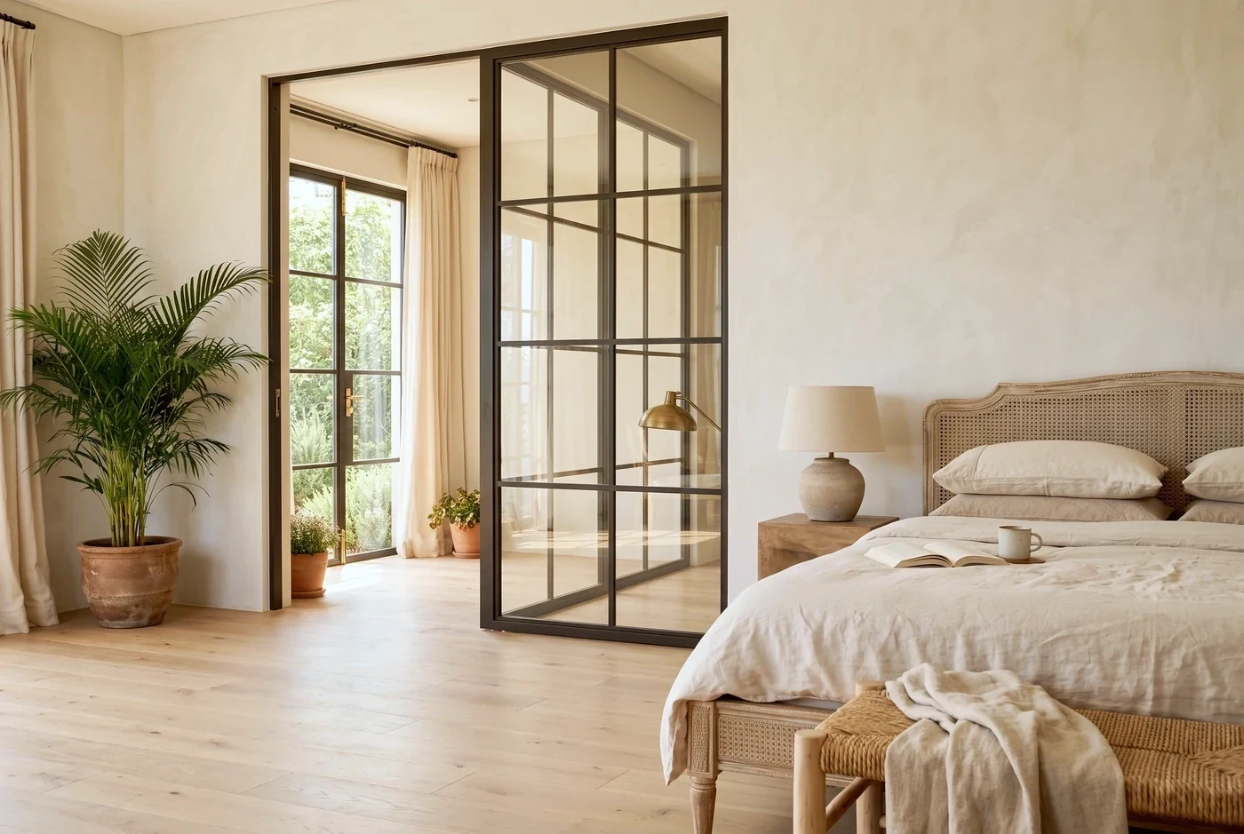 Fine glazing bars dividing a bedroom from its dressing area