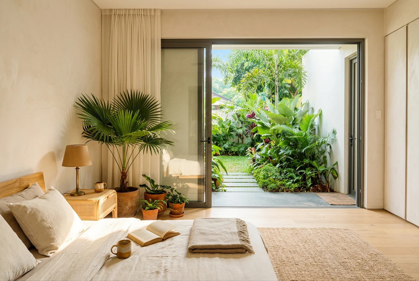 A bedroom slider open to a private garden in warm morning light