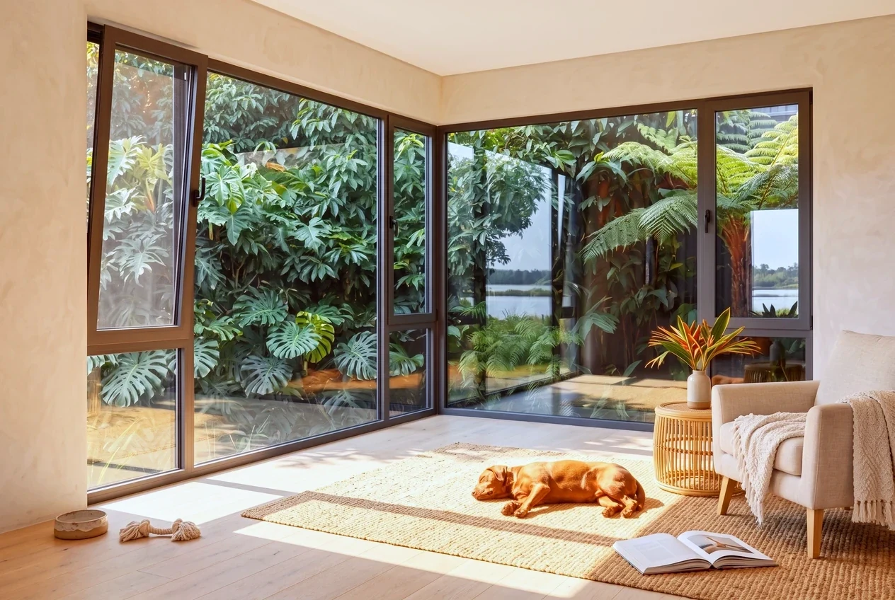 A dog asleep in a patch of sun on a layered rug beside corner casement glazing