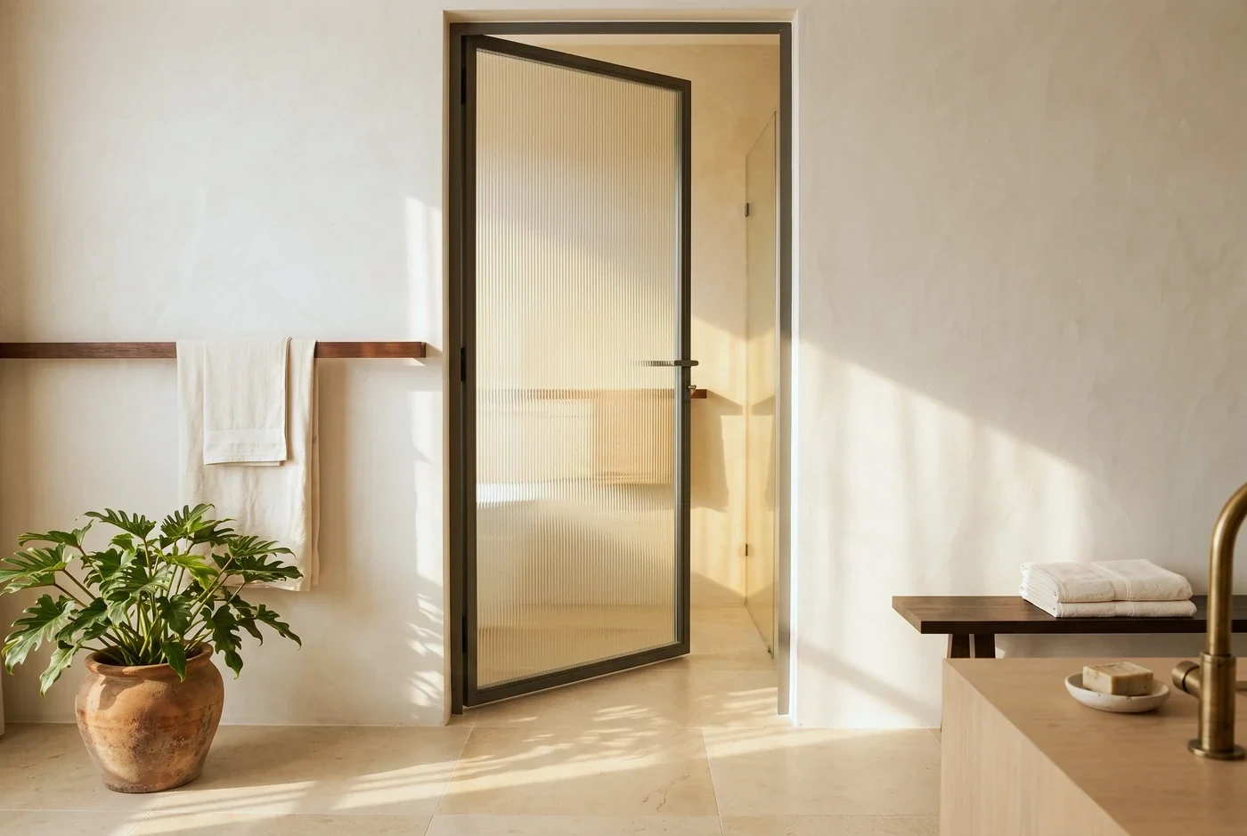 A slim reeded-glass door standing ajar