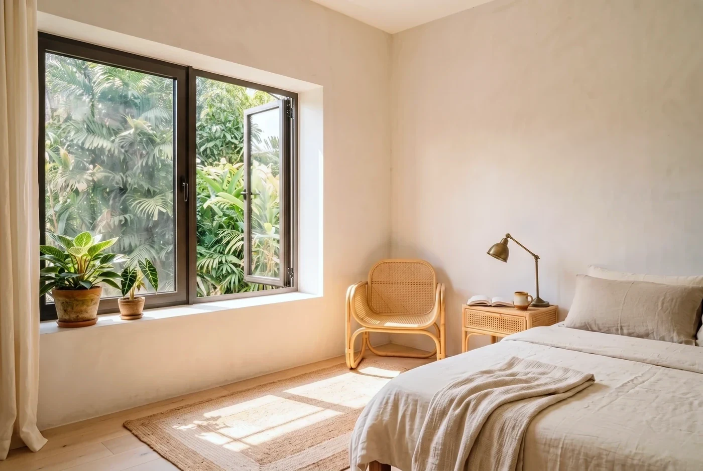 A guest room casement open on its stay, window-bar shadows across a jute rug