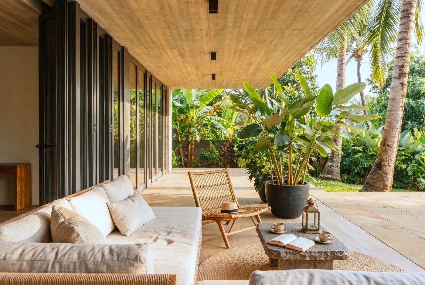 Folding doors stacked fully aside on a covered lanai after rain