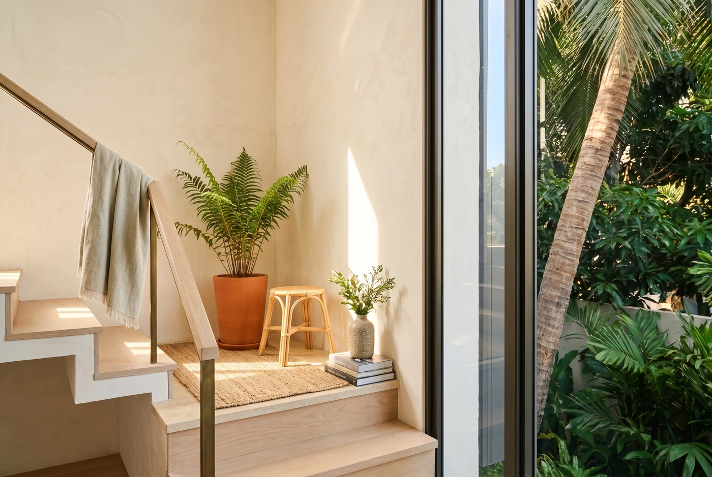 Morning light down a pale oak stair beside a full-height fixed window, a palm trunk beyond
