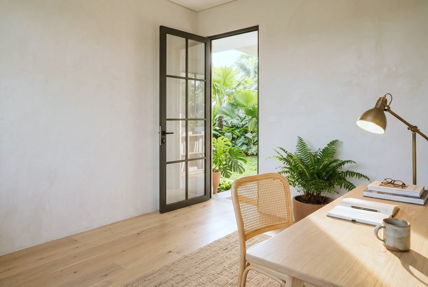 A glazed swing door with fine bars opening onto a study