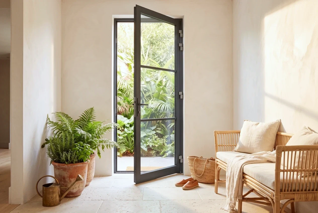A slim glazed swing door standing ajar onto a planted courtyard