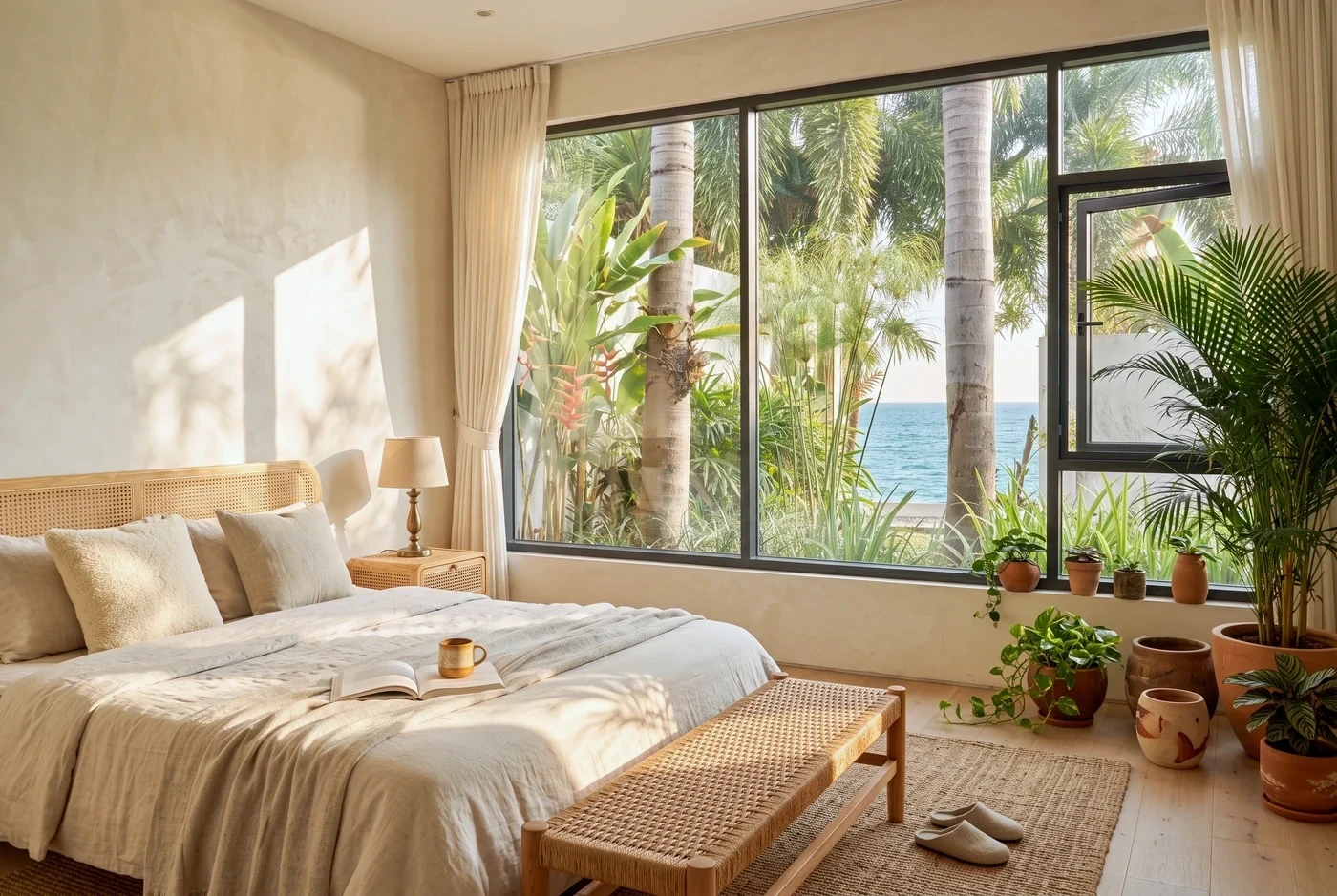 A bedroom corner casement swung open to the sea