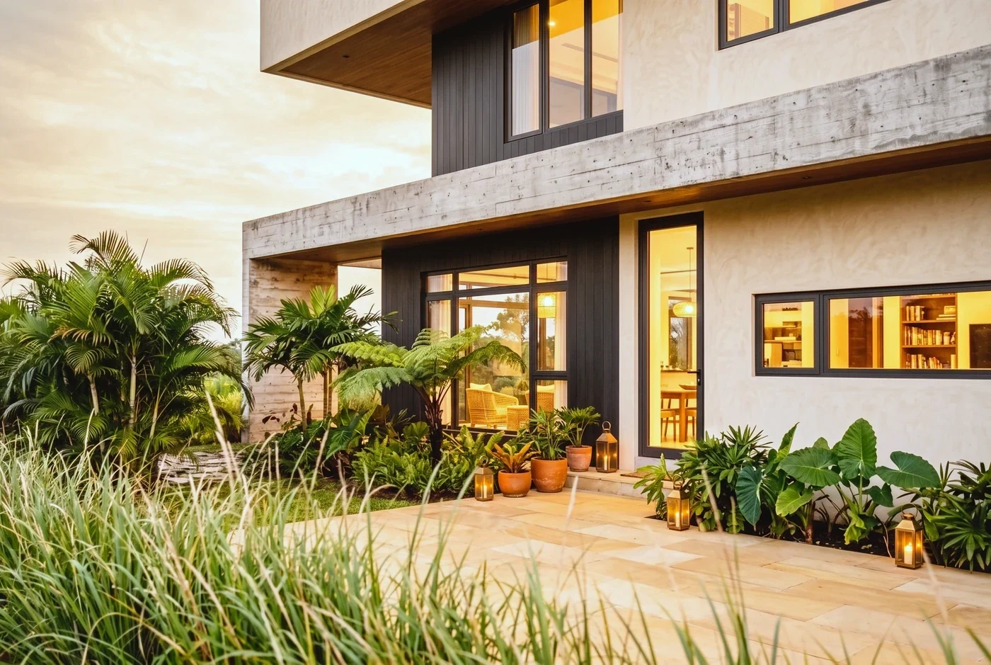 A house at golden hour, its glazing glowing warmly against a bright sky