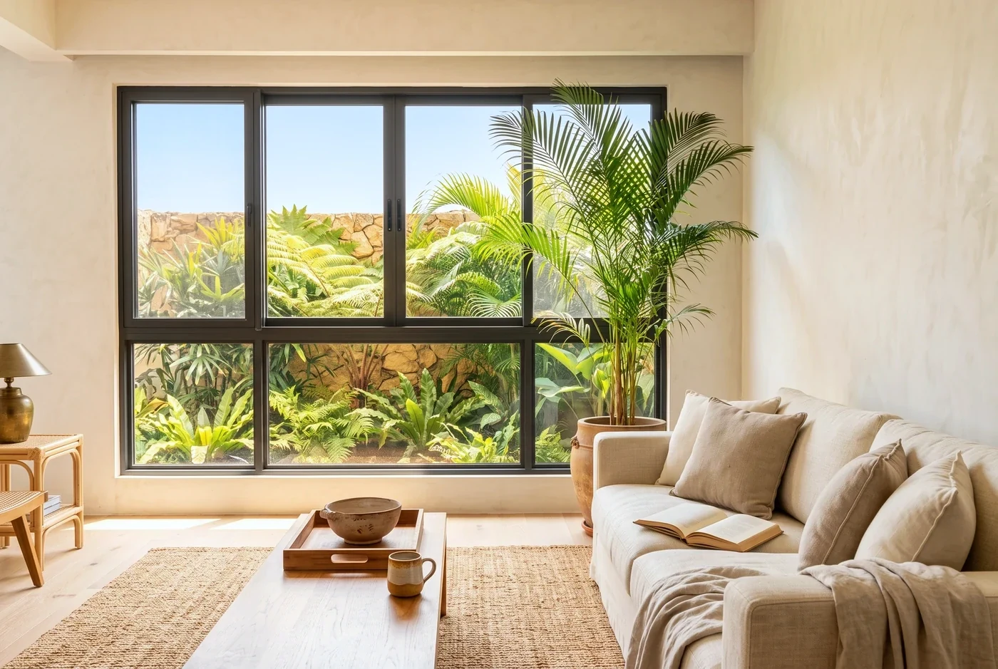 A sliding window with its screen drawn back over a rock landscape