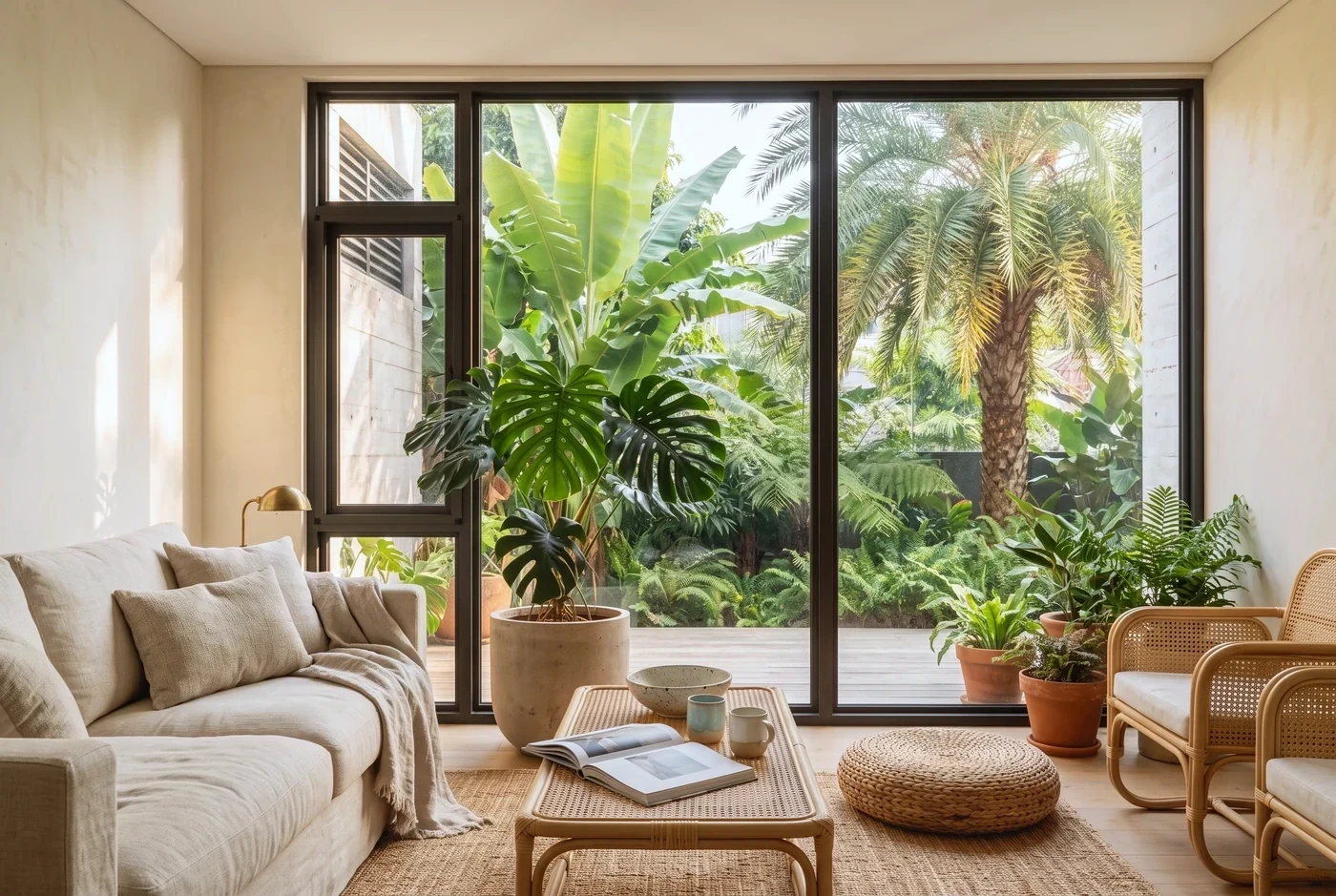 A pale room with full-height glazing looking out to open water