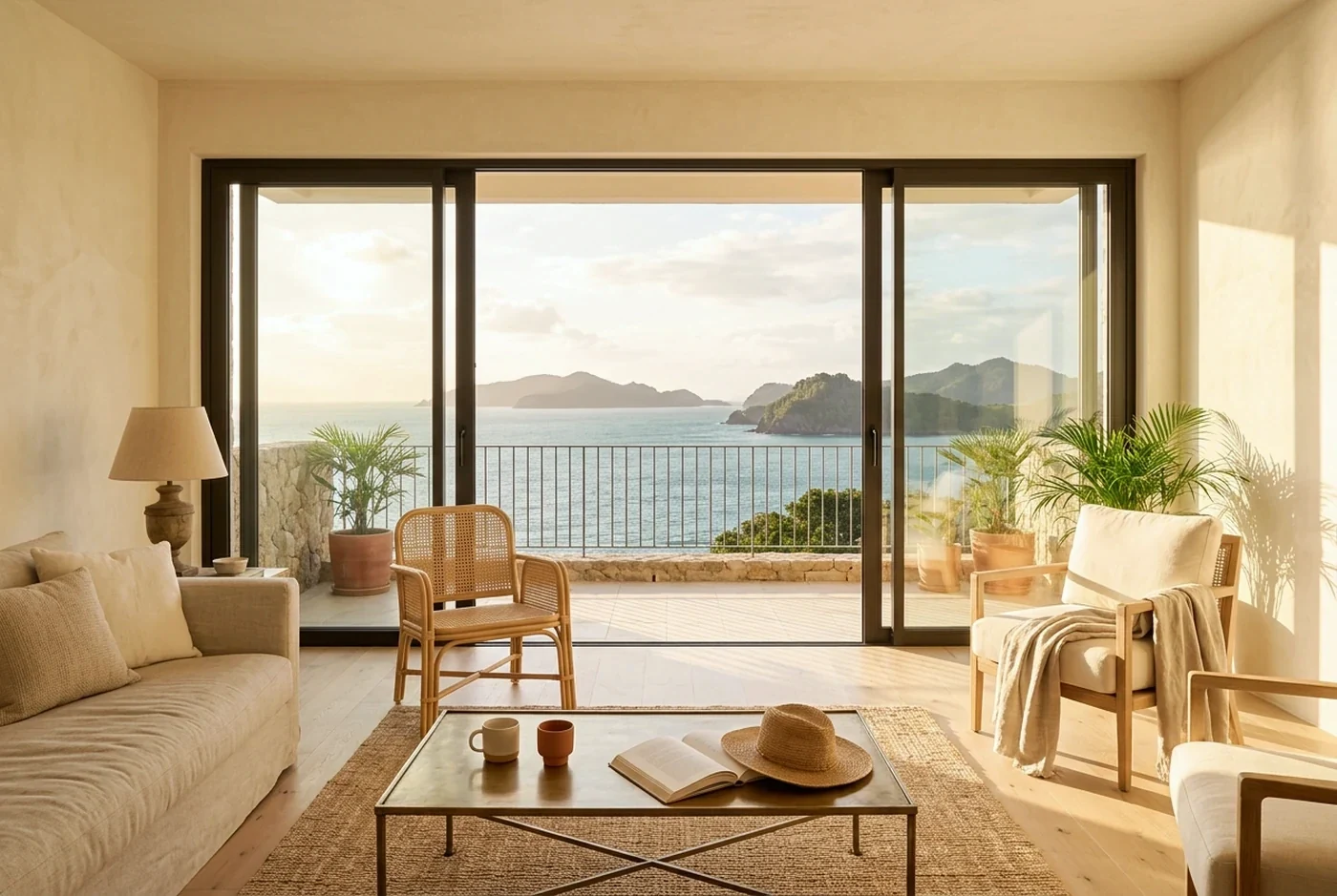 A four-panel sliding door opening onto a turquoise sea and a wooded island