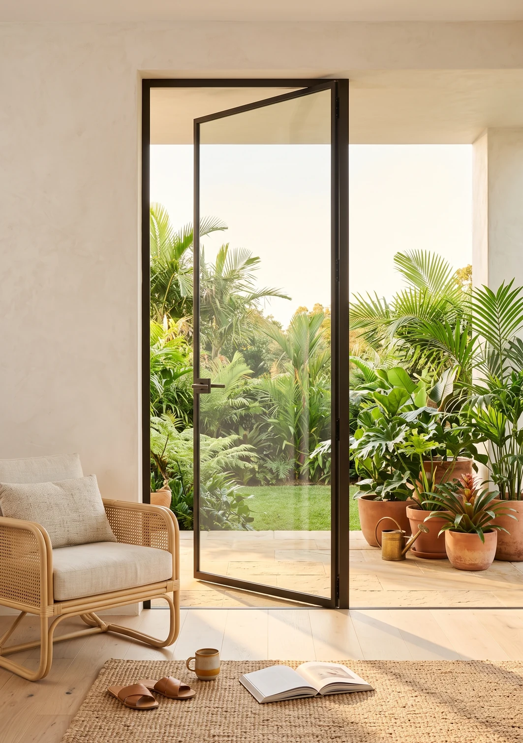 A black-framed glazed swing door open onto a planted courtyard