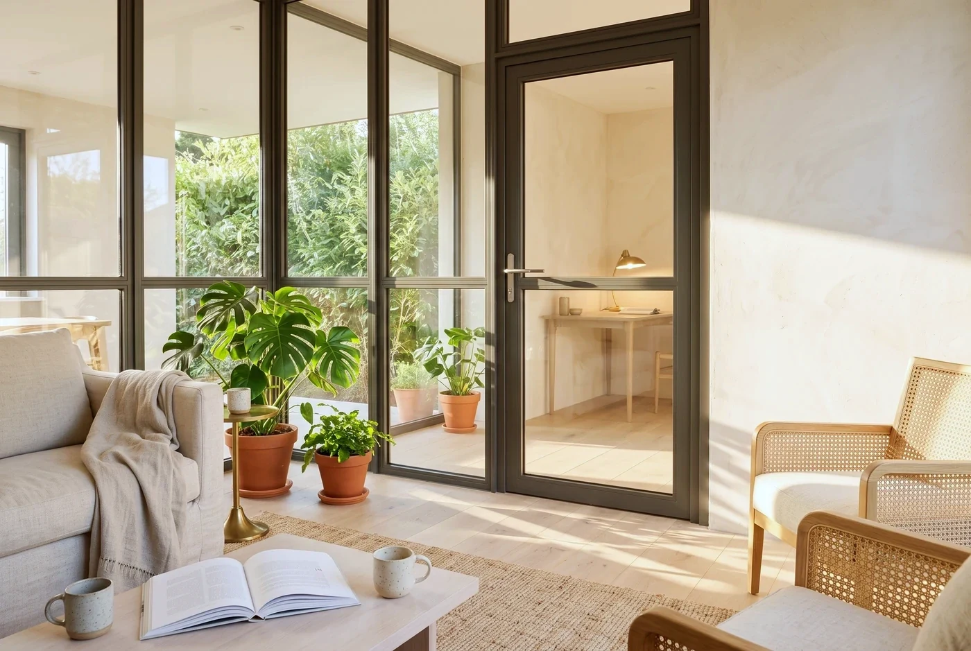 Slim glazed partitions and a matching door dividing an interior