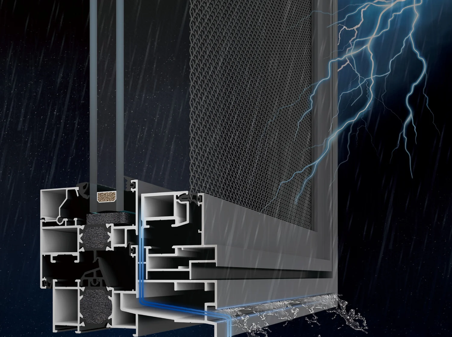 A window frame cut open in driving rain, showing the concealed drainage chamber in the sill