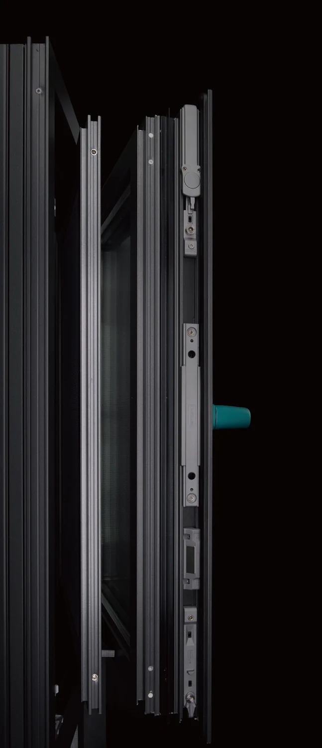 The hardware rebate of a window frame, hinges and locking points visible