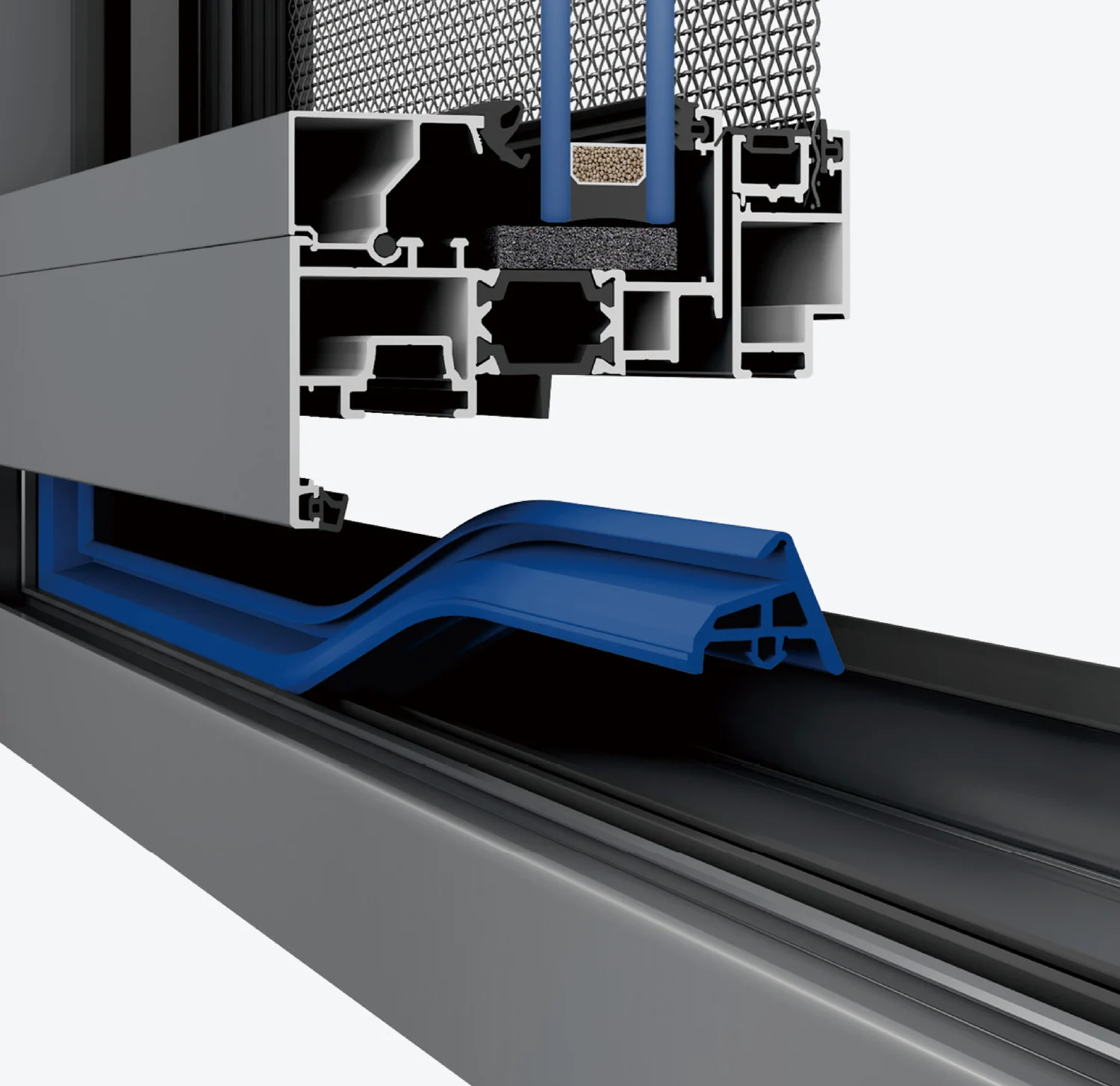 A frame section showing the continuous central EPDM sealing strip seated in the profile