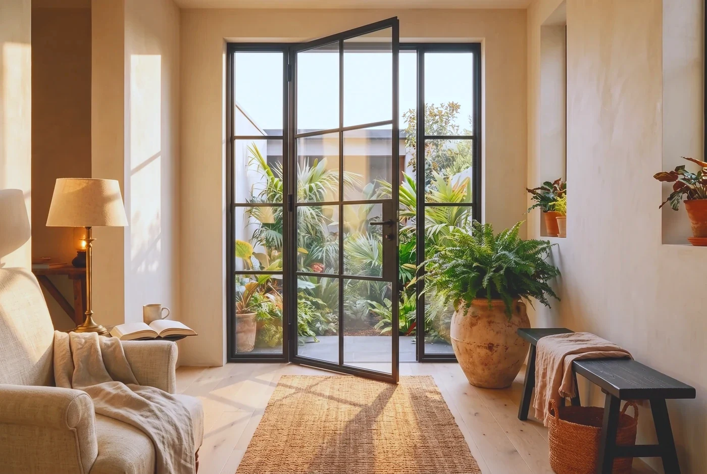 A slim glass swing door with warm afternoon courtyard light spilling across the floor